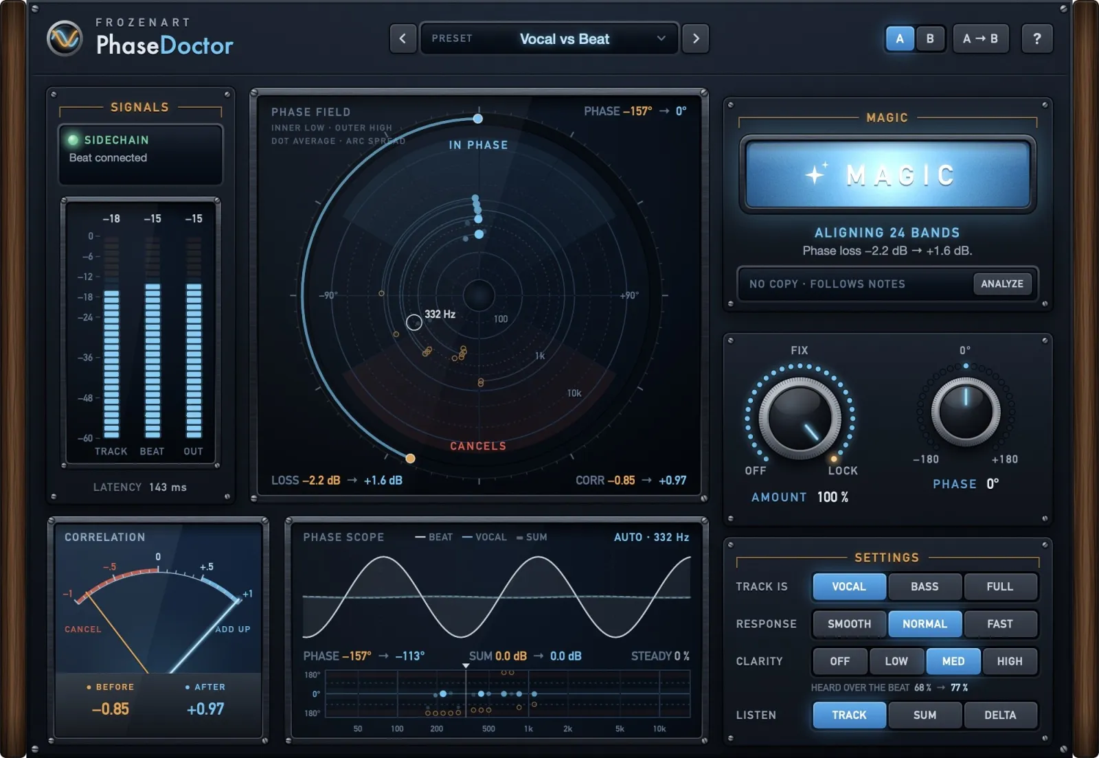 PhaseDoctor aligning a vocal with the beat: MAGIC on, the bands gathered at the top of the phase field, in phase