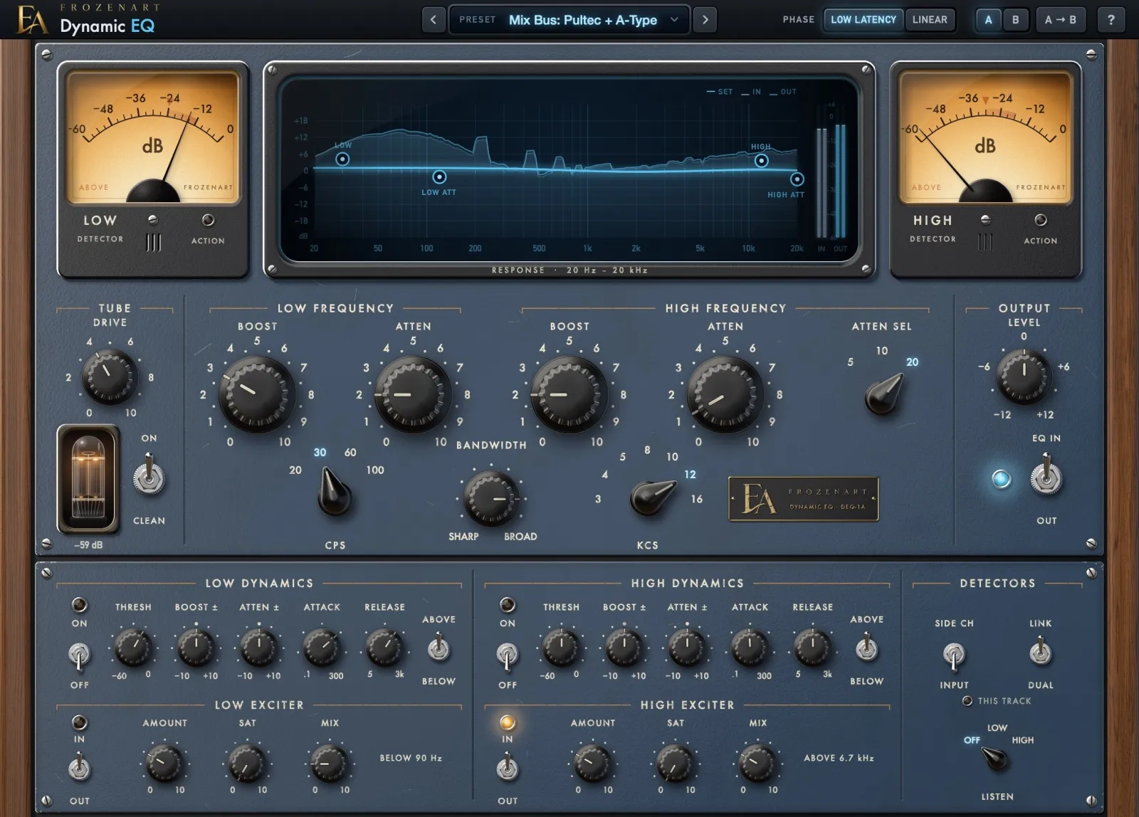 FrozenArt Dynamic EQ: detector meters, the response screen, the low and high sections and, on the lower plate, dynamics and exciters