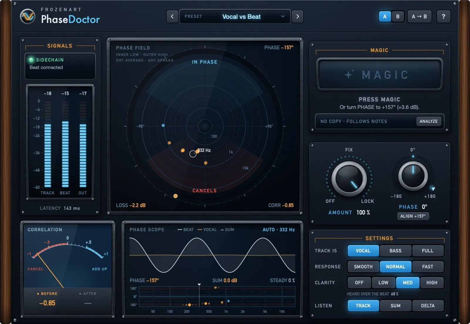 PhaseDoctor with MAGIC off: the vocal and the beat cancel at 332 Hz, correlation −0.85