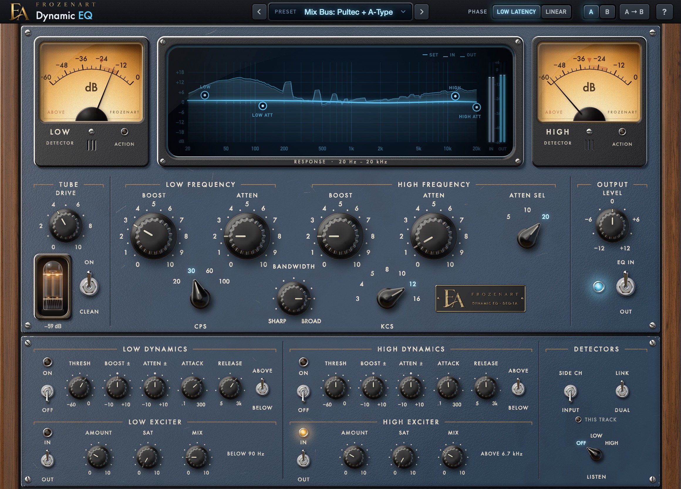 FrozenArt Dynamic EQ: detector meters, the response screen, the low and high sections and, on the lower plate, dynamics and exciters